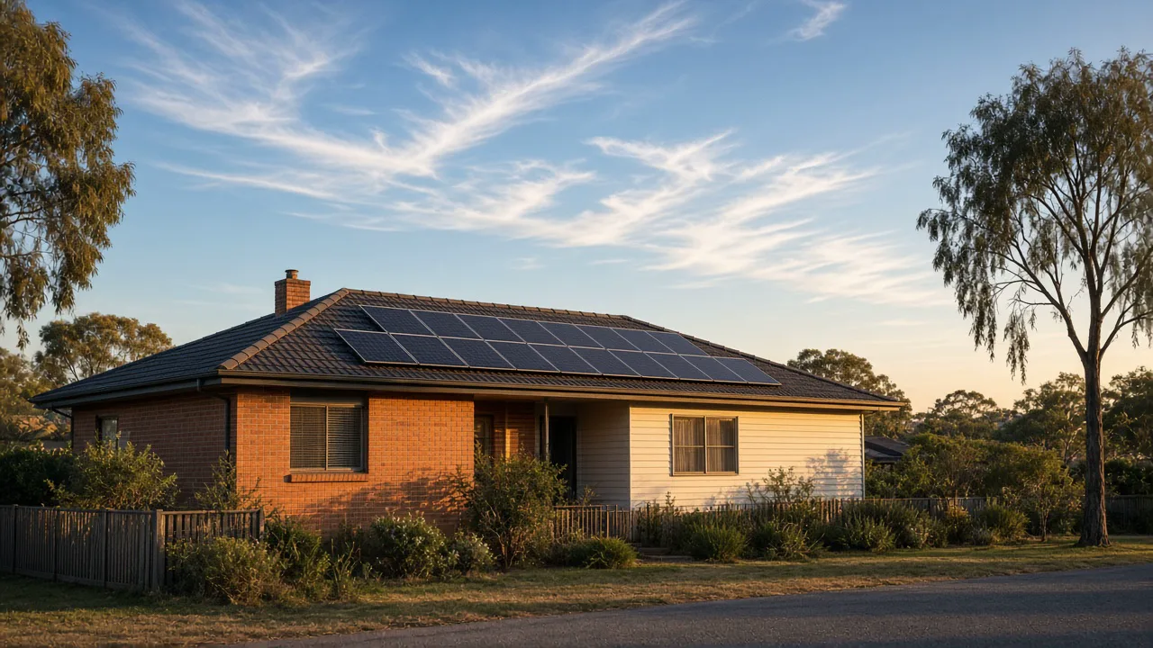 Golden-hour rooftop solar on a suburban Australian home under a wide sky